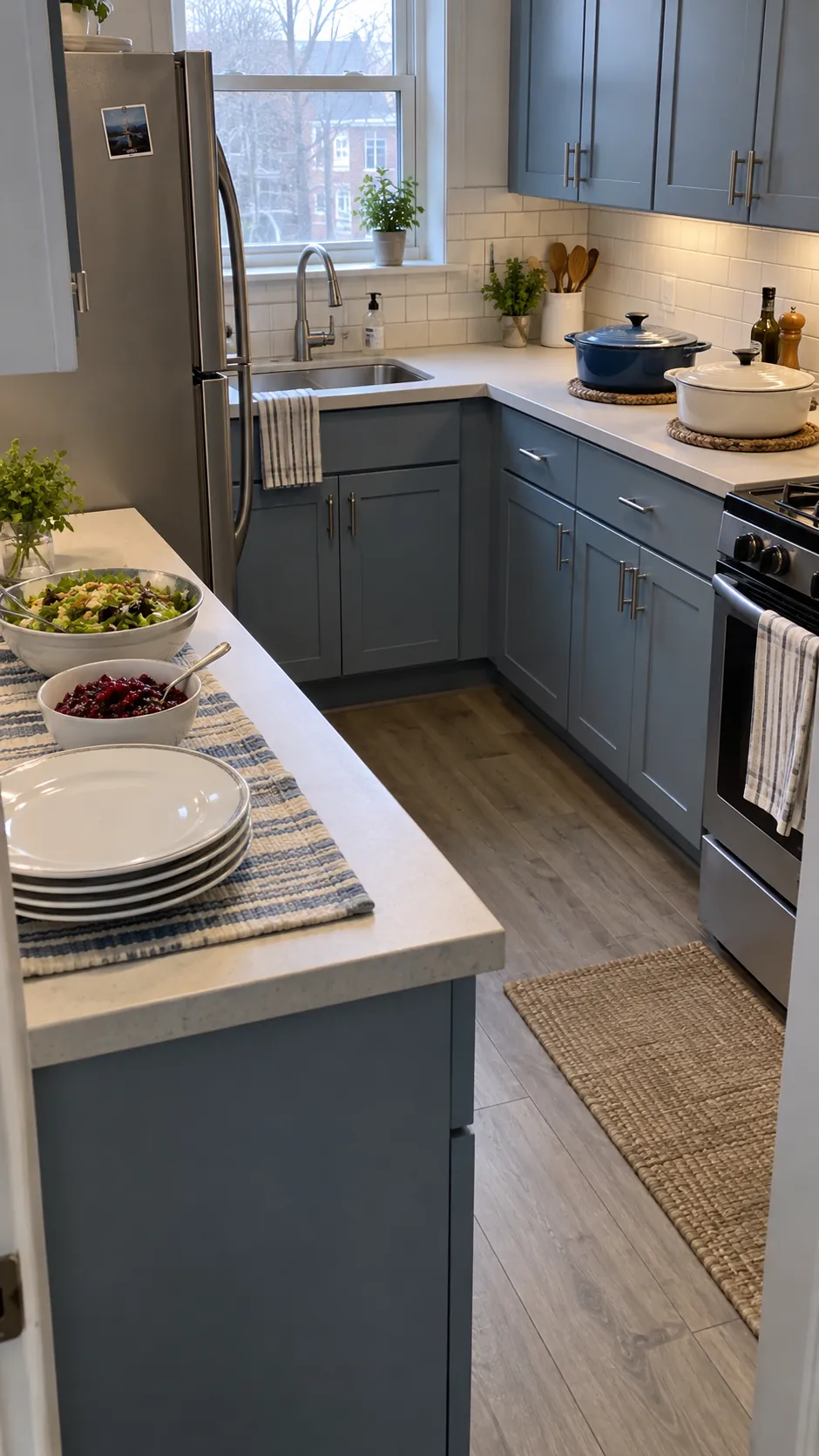 Two Thanksgiving serving stations on the arms of an L shaped kitchen counter