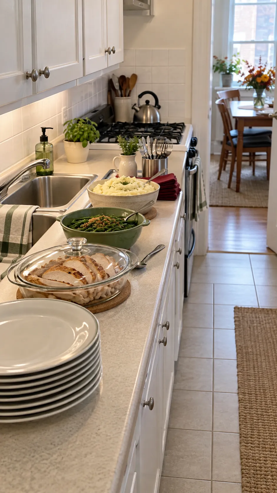 Thanksgiving buffet arranged in one direction along a small kitchen counter