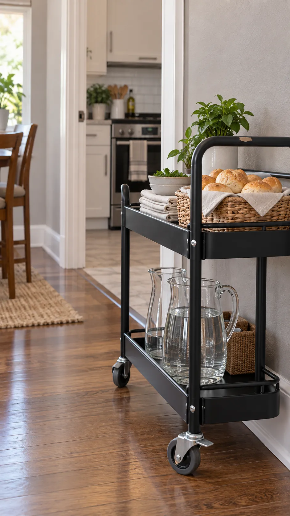 Locked rolling cart holding Thanksgiving serving items beside a narrow kitchen doorway