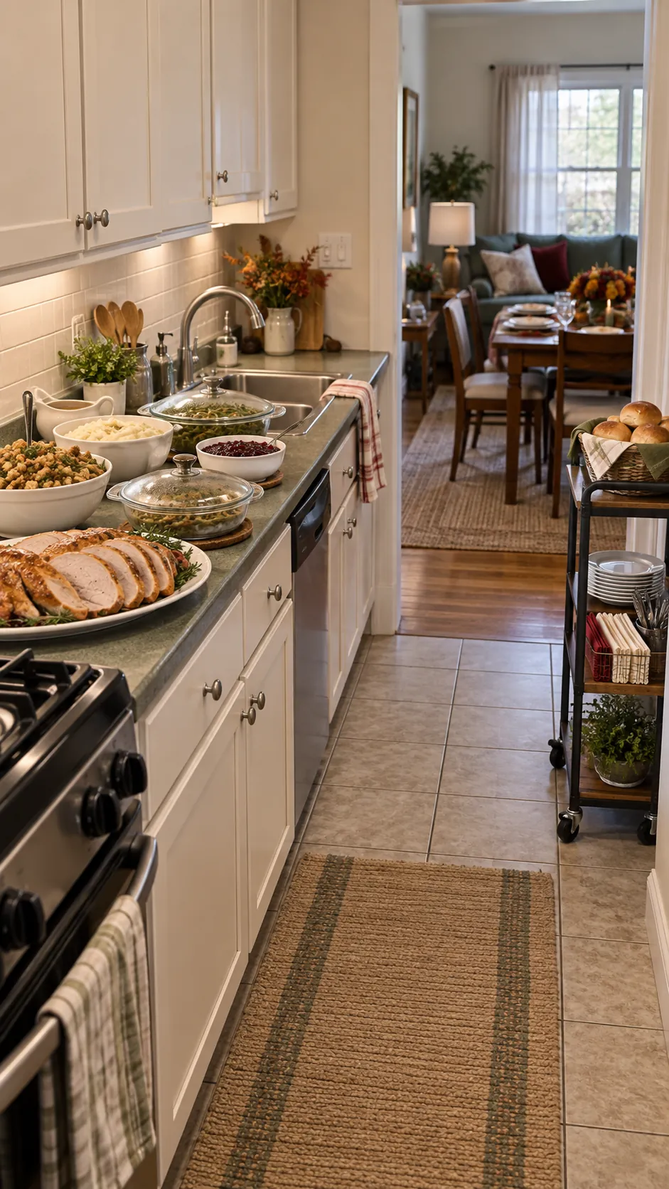 Thanksgiving serving line on a small kitchen wall counter with a cart outside the doorway