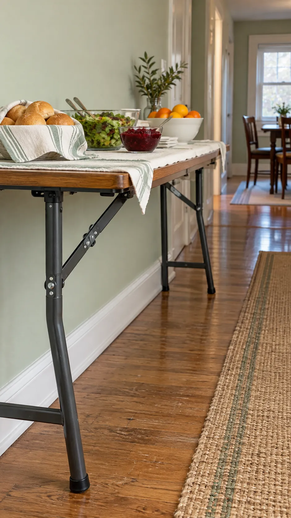 Stable folding table serving cold Thanksgiving sides along an apartment wall