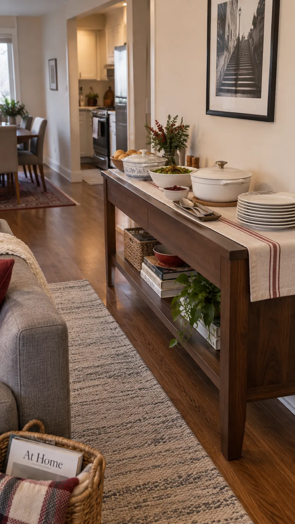 Thanksgiving buffet set on a sturdy living room console outside a small kitchen
