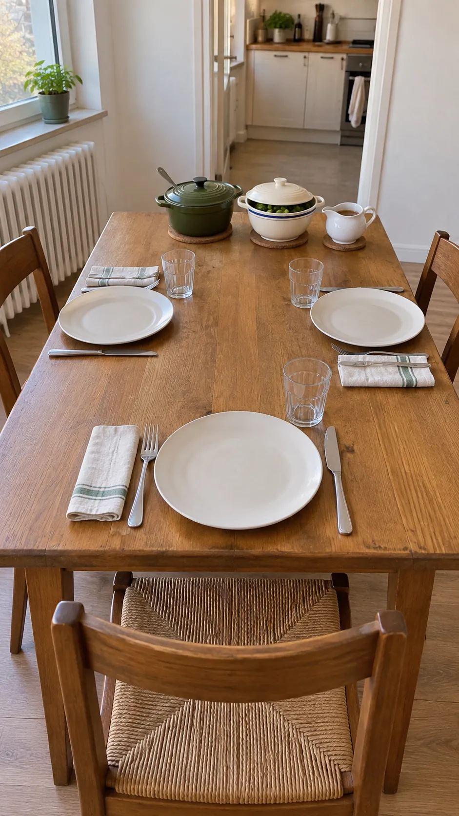 Compact dining table with a modest Thanksgiving serving end and usable place settings