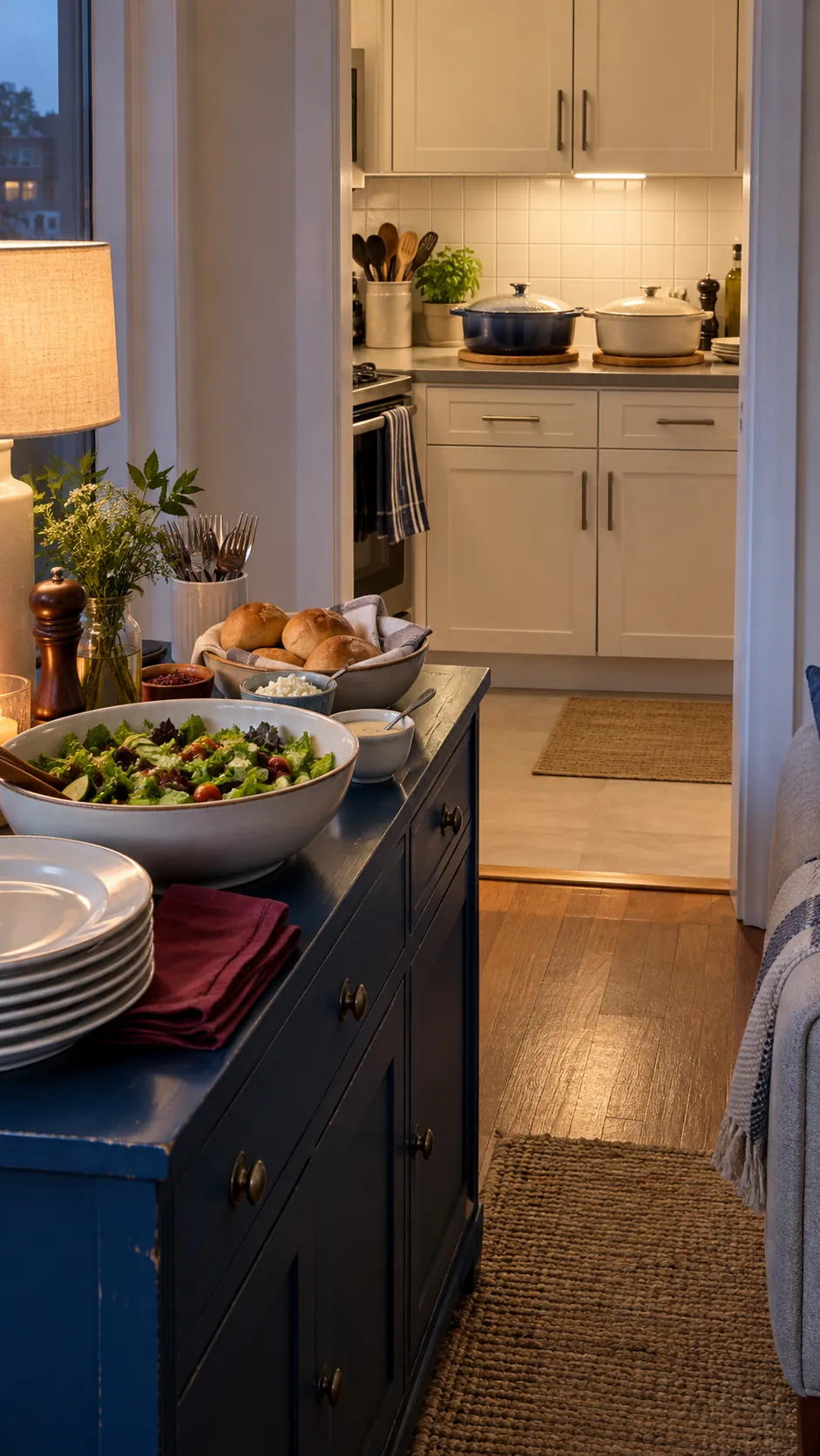 Hot Thanksgiving dishes on a kitchen counter and cold sides on a nearby sideboard