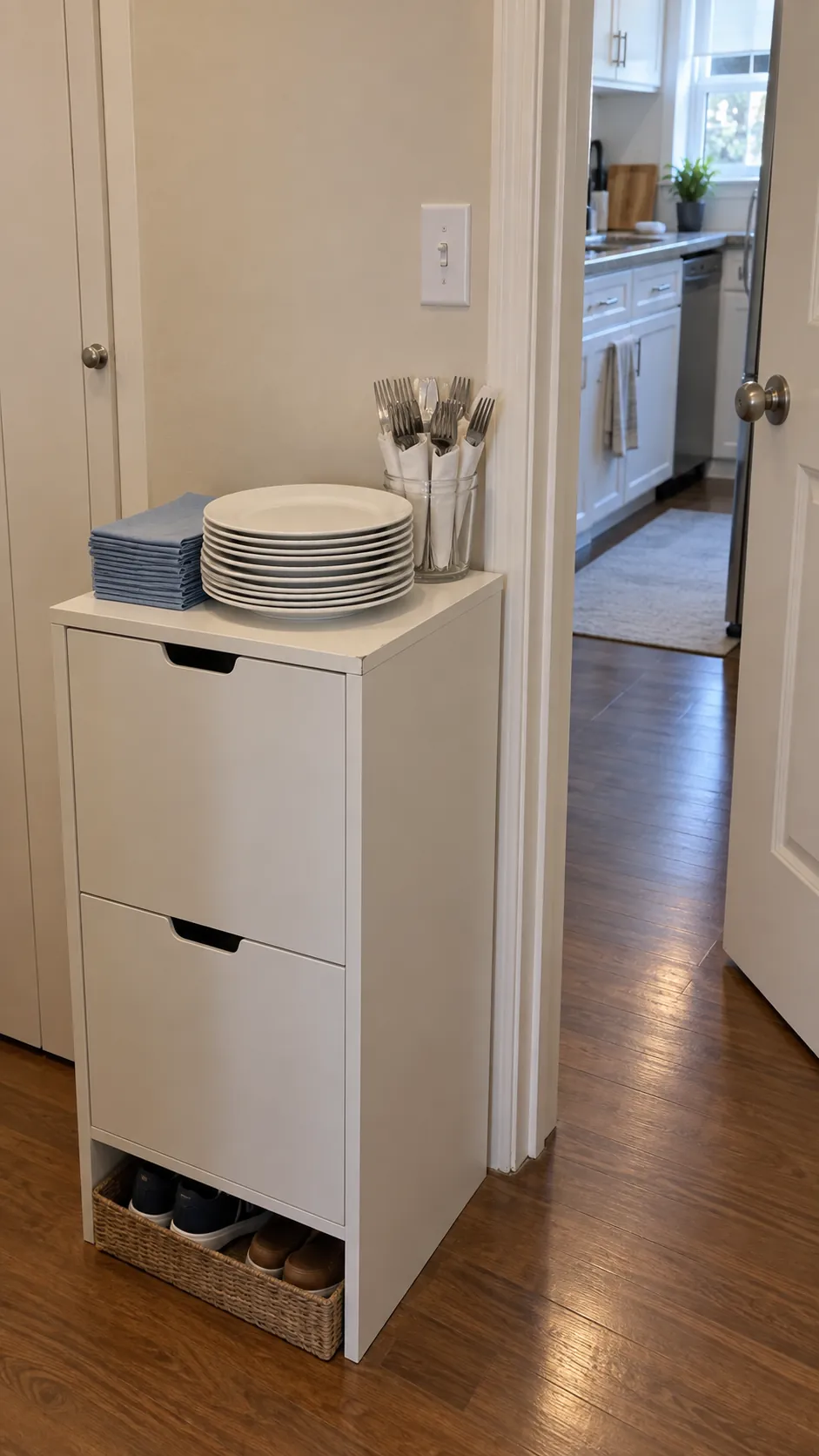 Thanksgiving plate and cutlery pickup station beside a small kitchen entrance