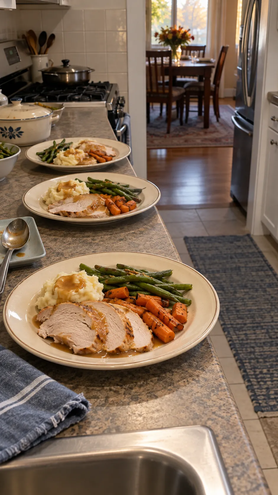 Cook side counter landing with plated Thanksgiving main courses ready for handoff