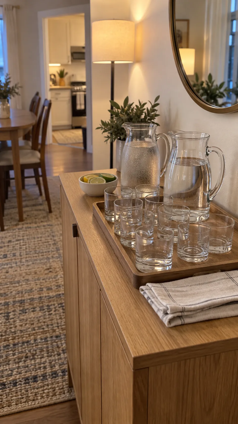 Water and glasses on a separate cabinet away from a small Thanksgiving buffet