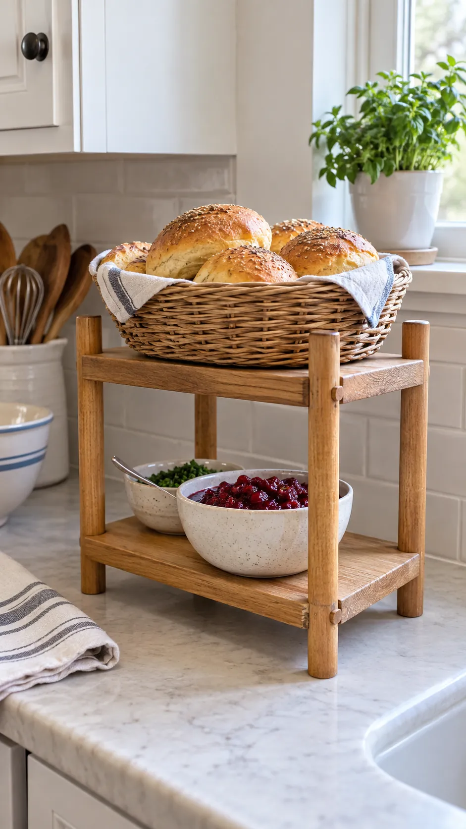 Sturdy two level stand holding small cold Thanksgiving sides on a compact counter