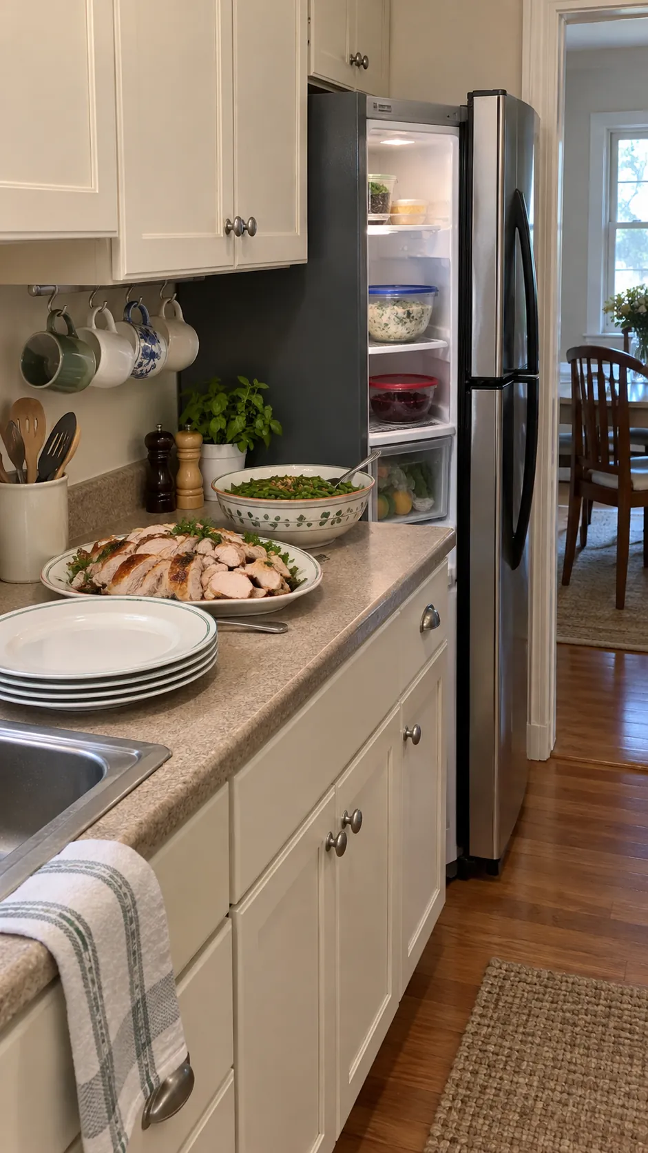 First round of Thanksgiving food served from a cleared compact counter