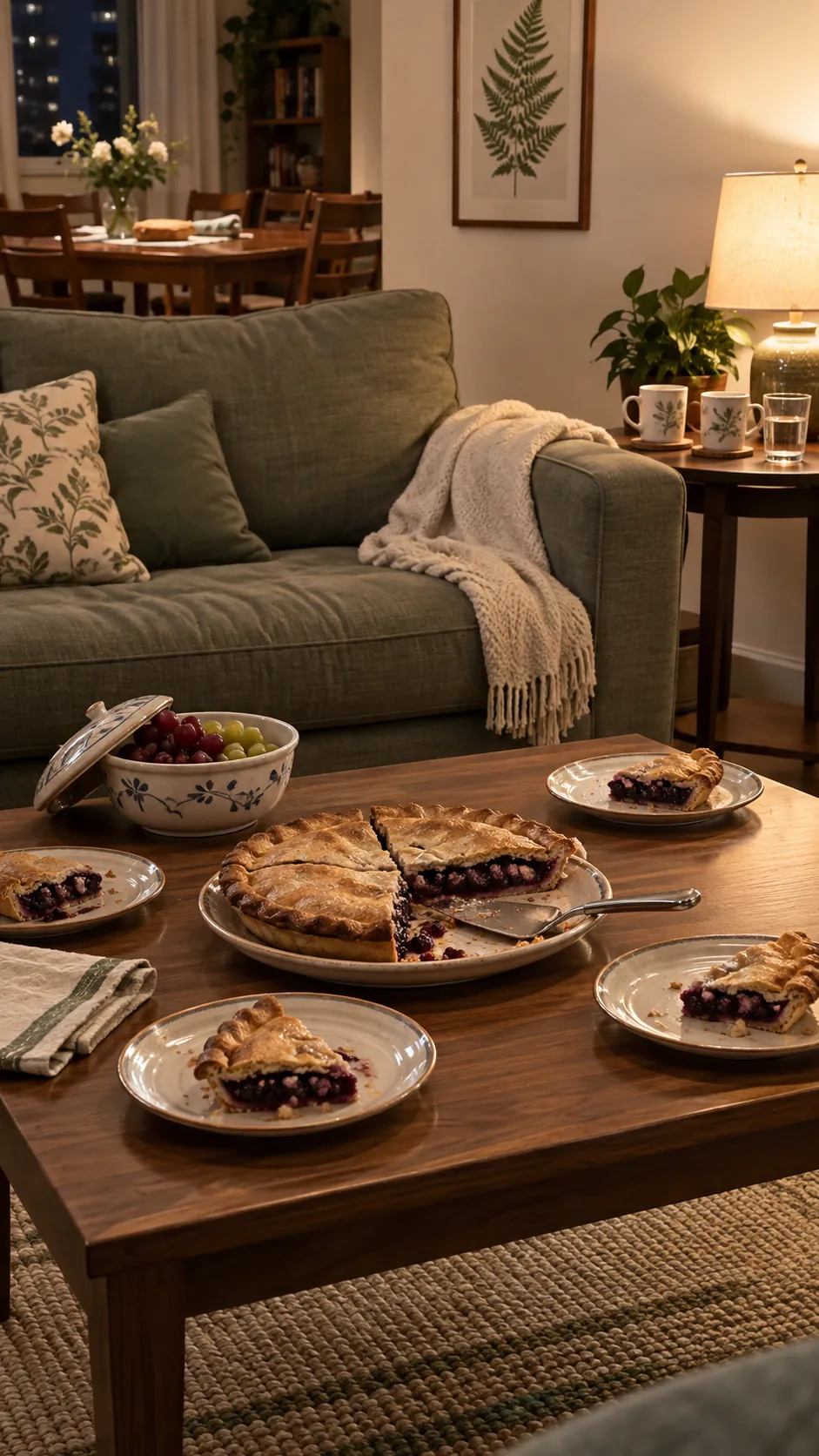 Low living room table reset for Thanksgiving dessert after dinner