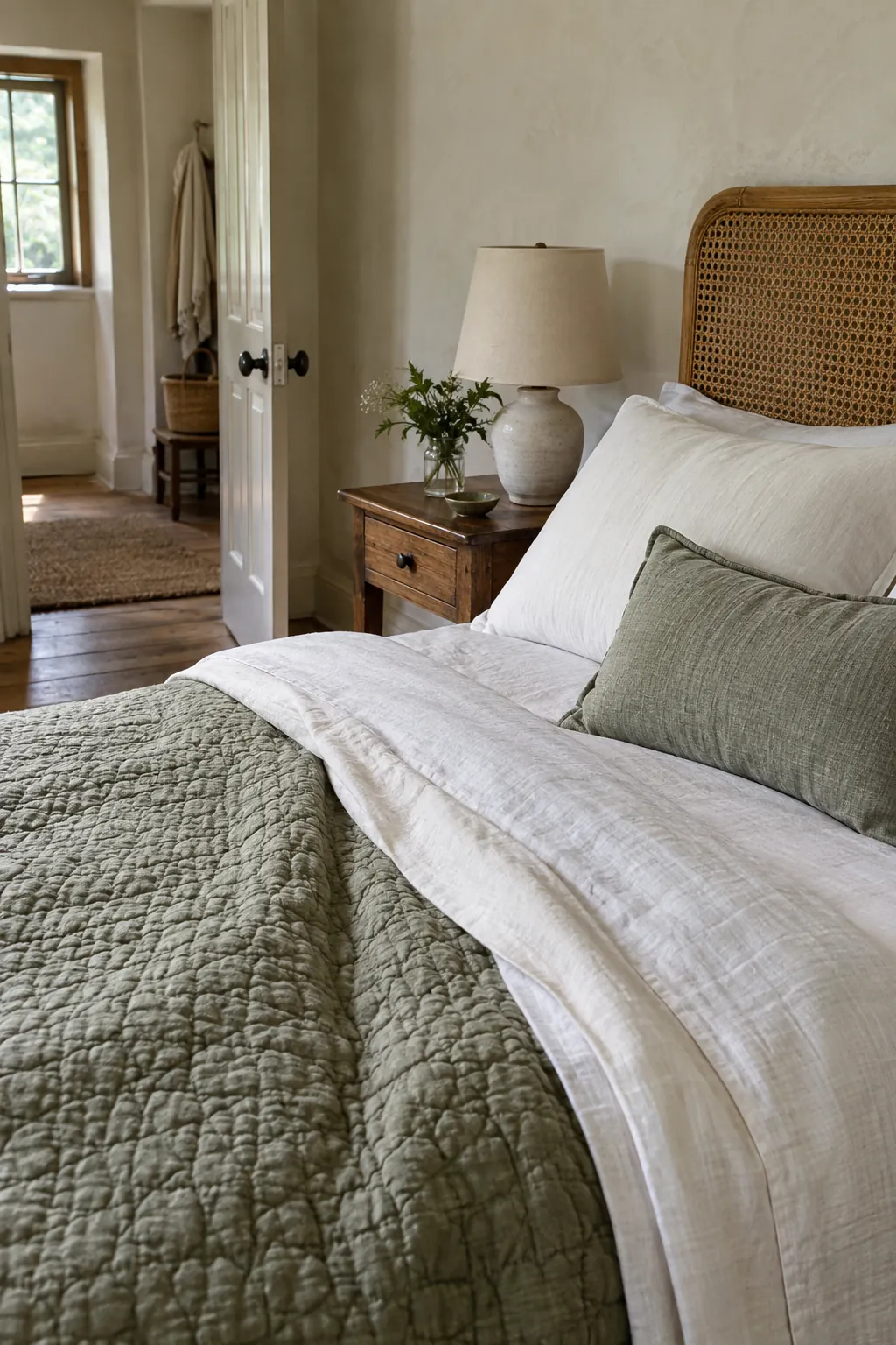 Simple layered guest bedding without decorative pillow clutter