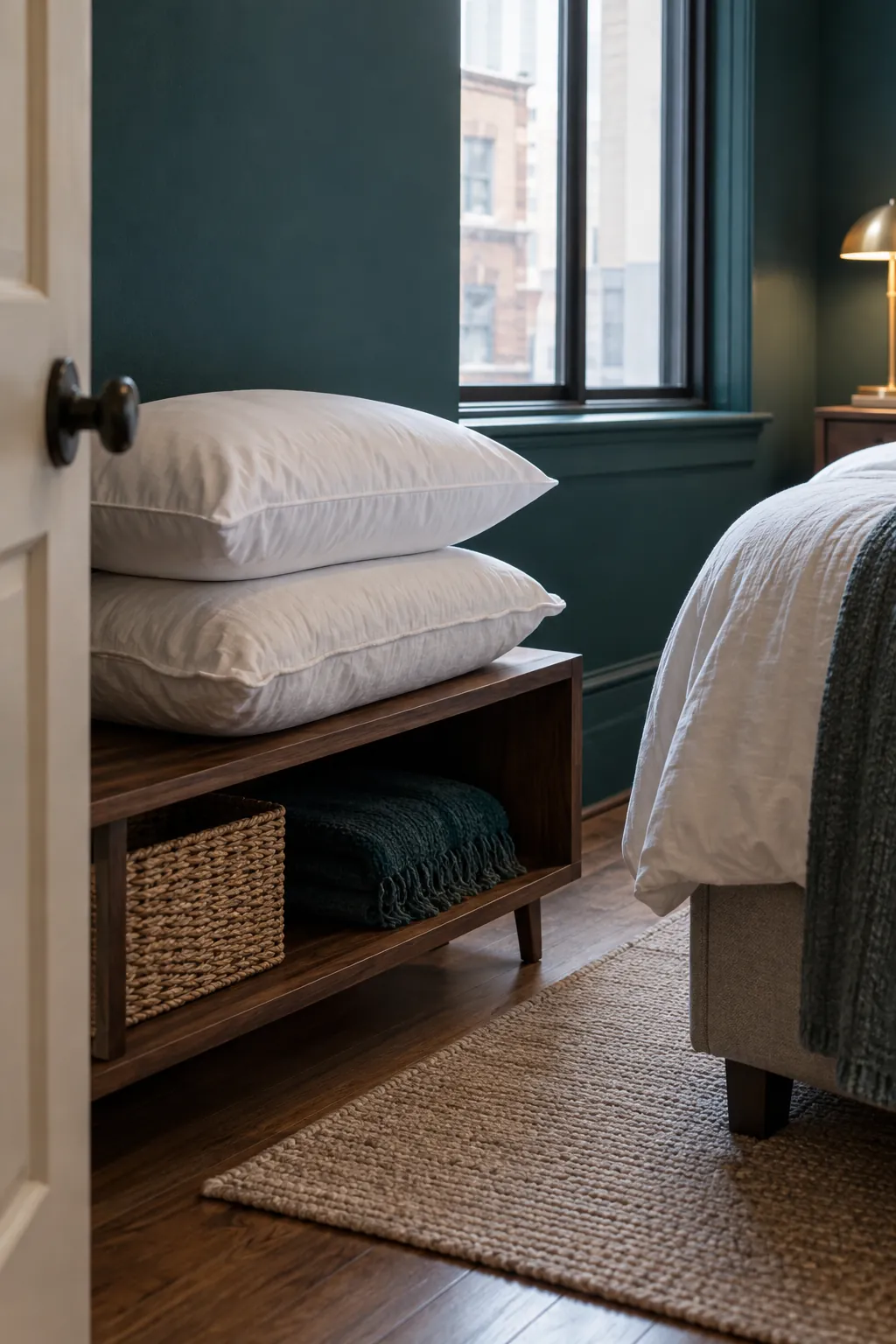 Two guest pillow options in clean cases beside the bed