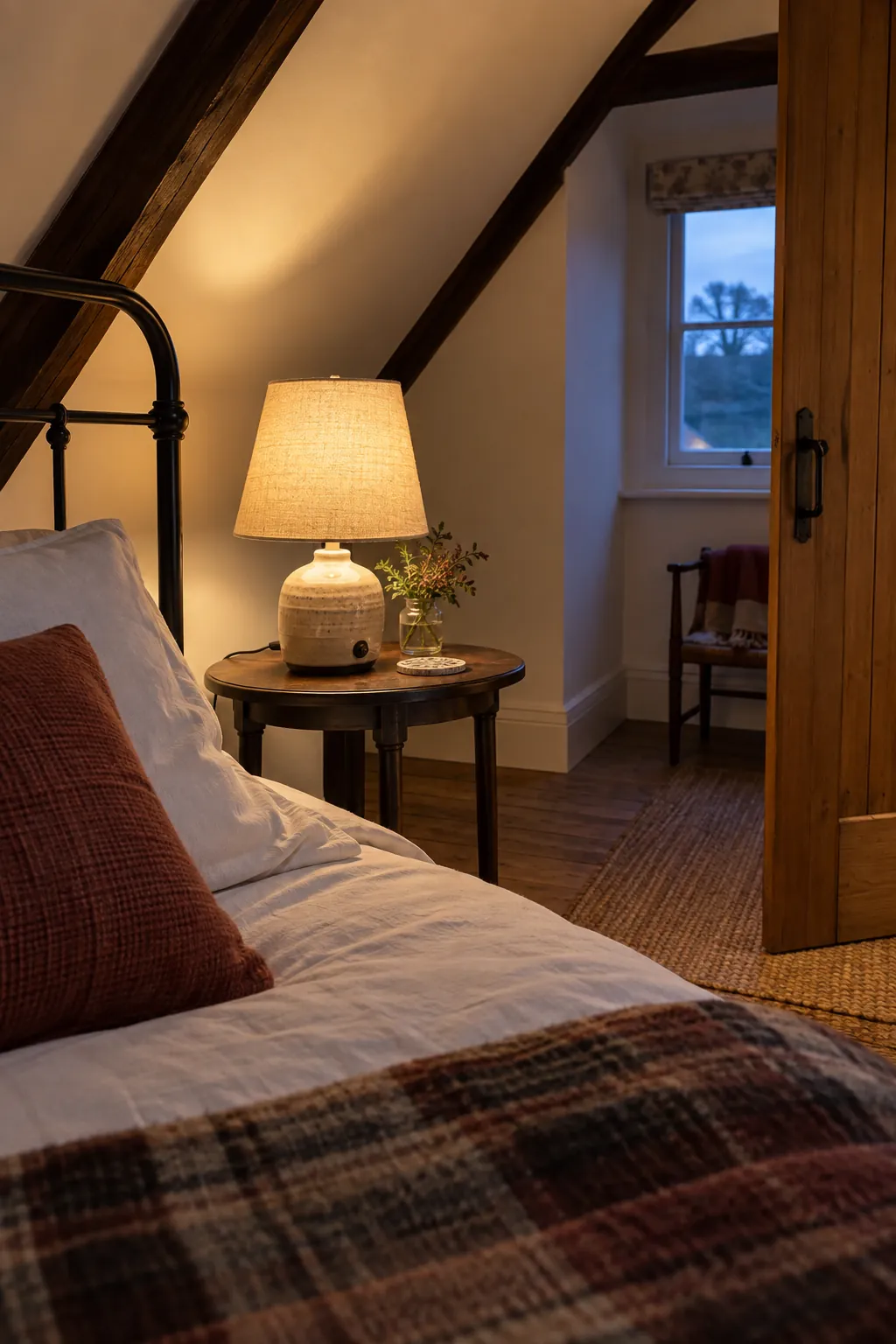 Reachable lamp on a bedside table in a Thanksgiving guest room