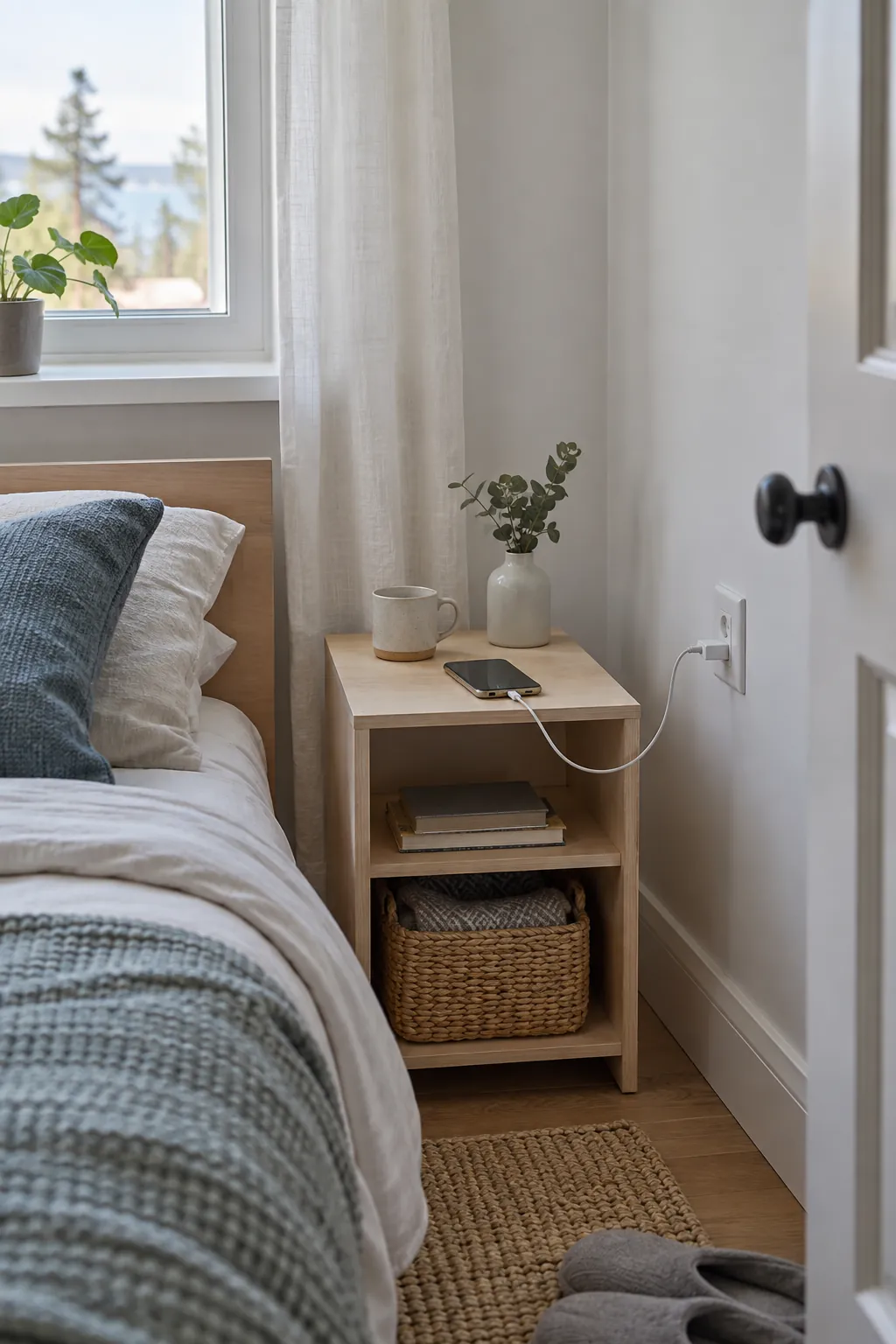 Clear phone charging spot beside a guest bed
