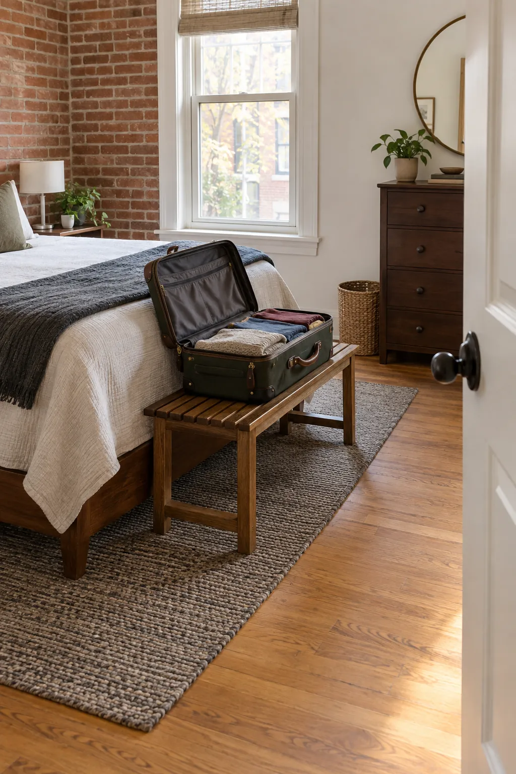 Sturdy luggage bench with space to open a suitcase in a guest room