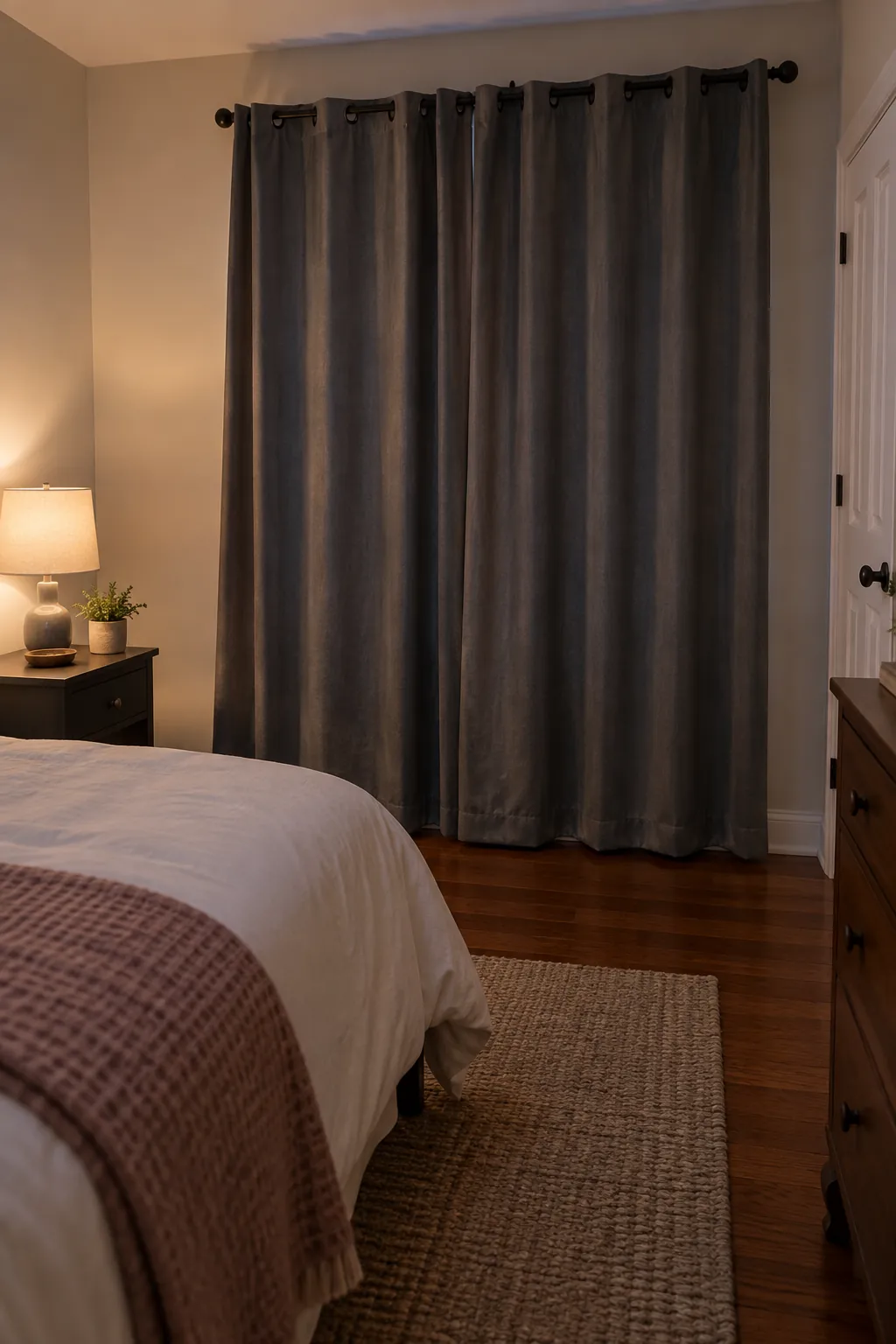 Guest room curtains closed for privacy beside the bed