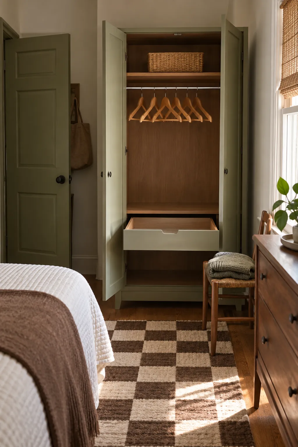 Open guest wardrobe with empty hangers and usable drawer