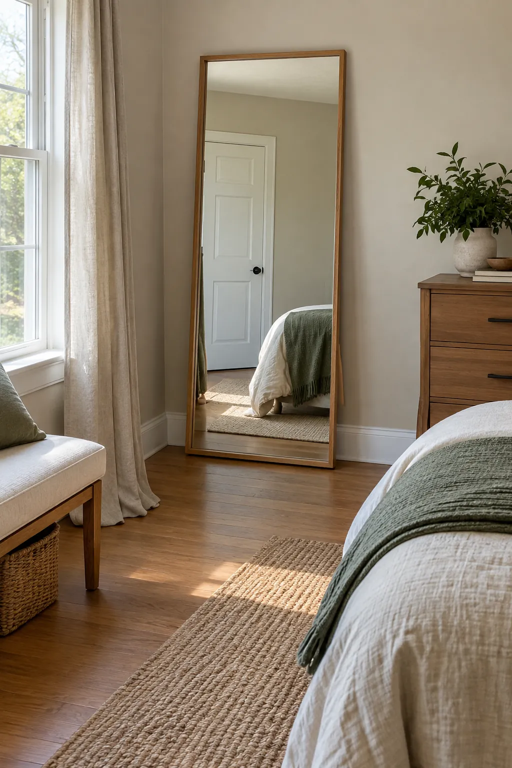 Full length guest room mirror with open floor for dressing