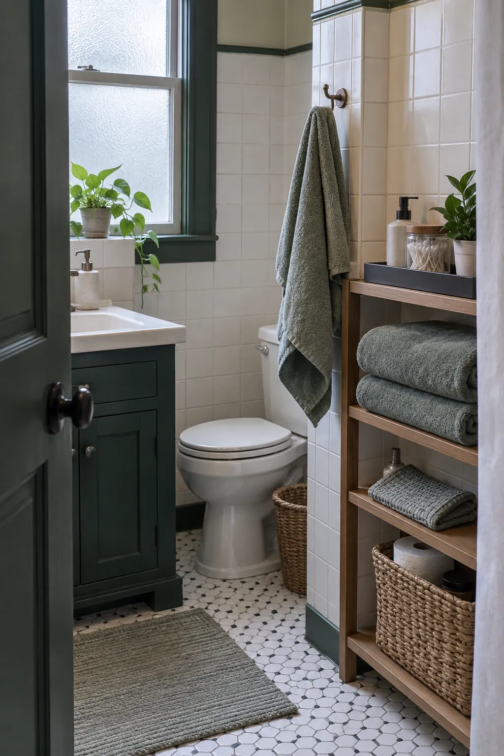 Guest towels and bathroom basics arranged on an open shelf