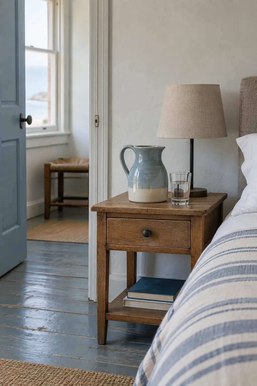 Water carafe and glass on a stable bedside table