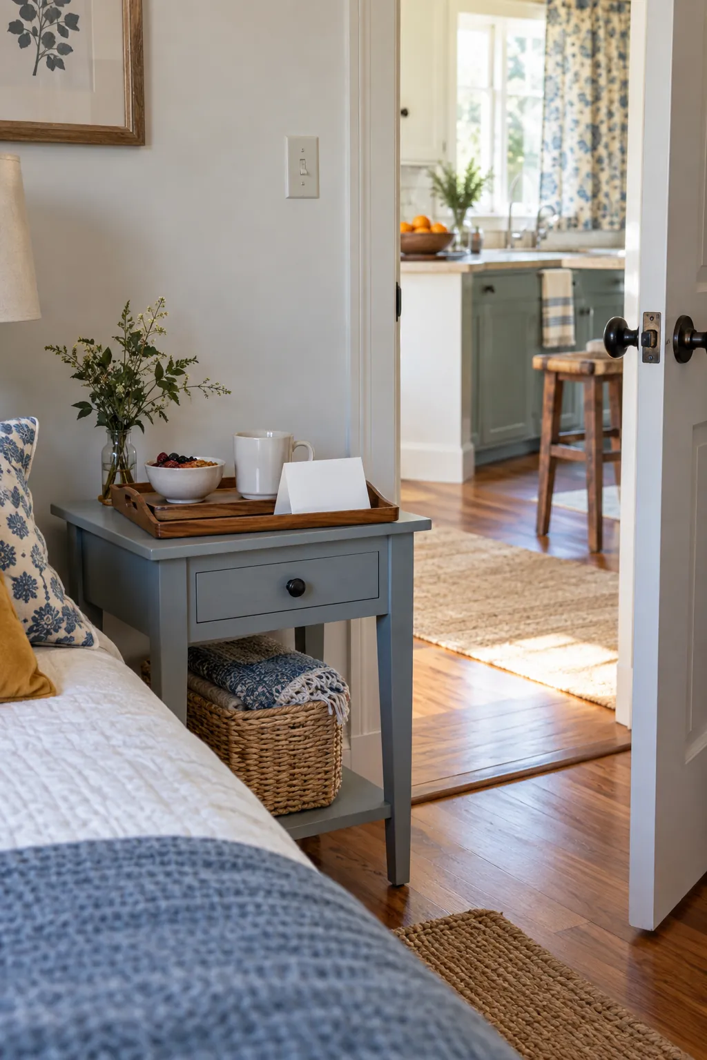 Small guest welcome note and breakfast essentials on a side table