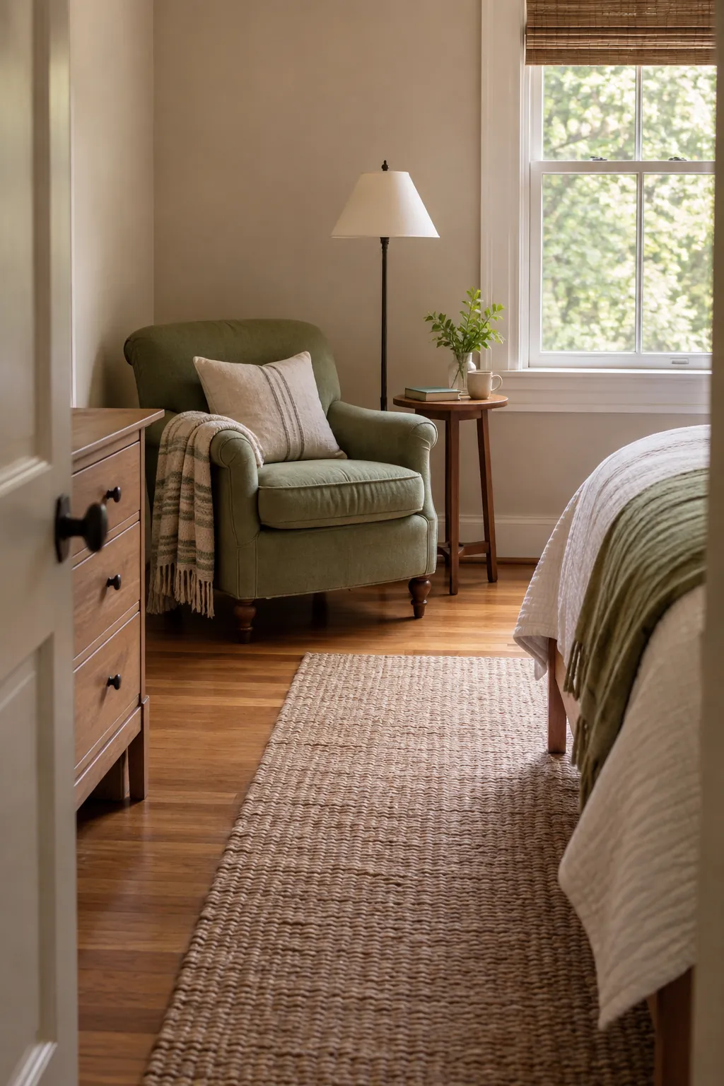 Quiet guest room reading chair with lamp and book space