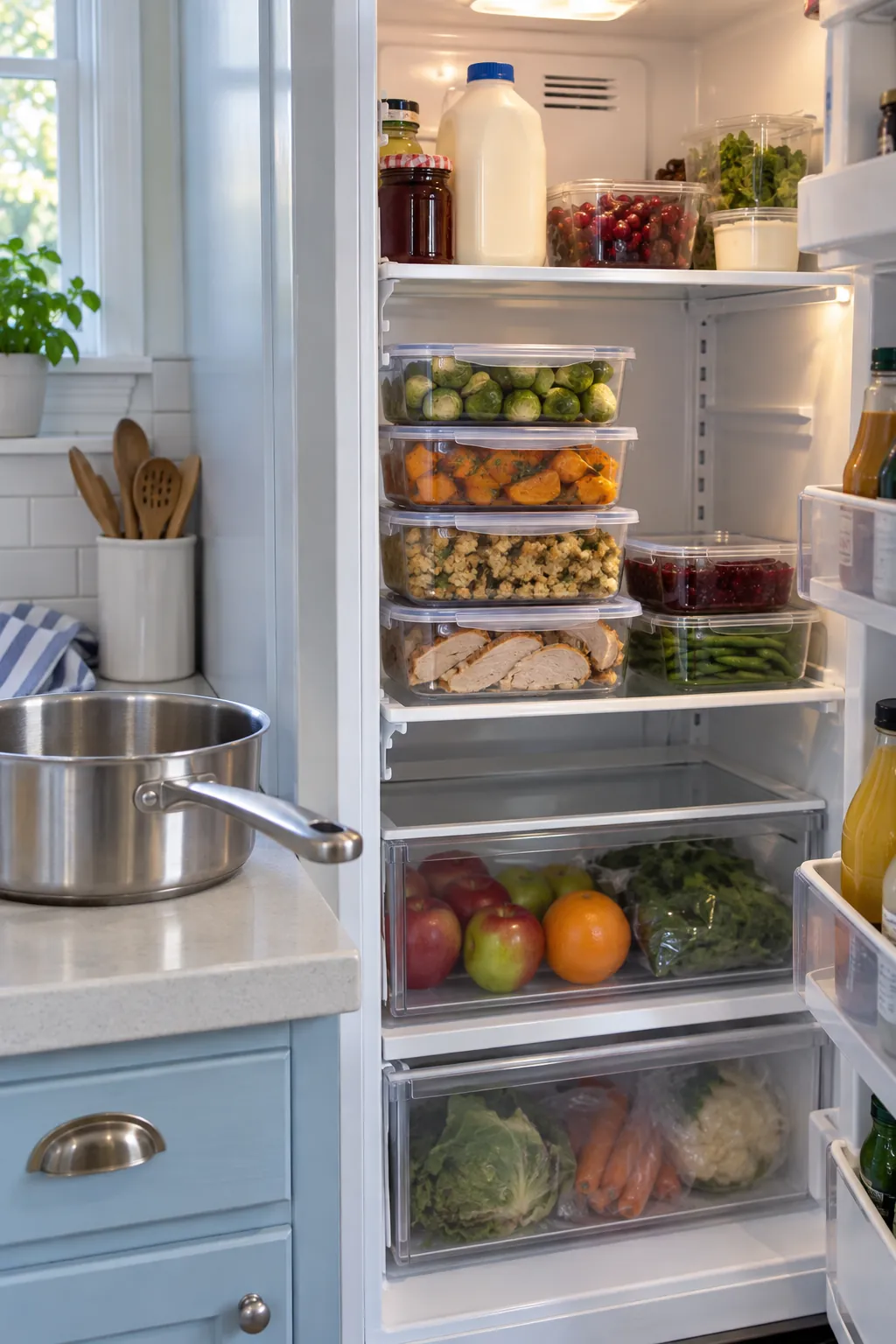 Shallow covered Thanksgiving prep containers replacing bulky pans on an adjusted fridge shelf