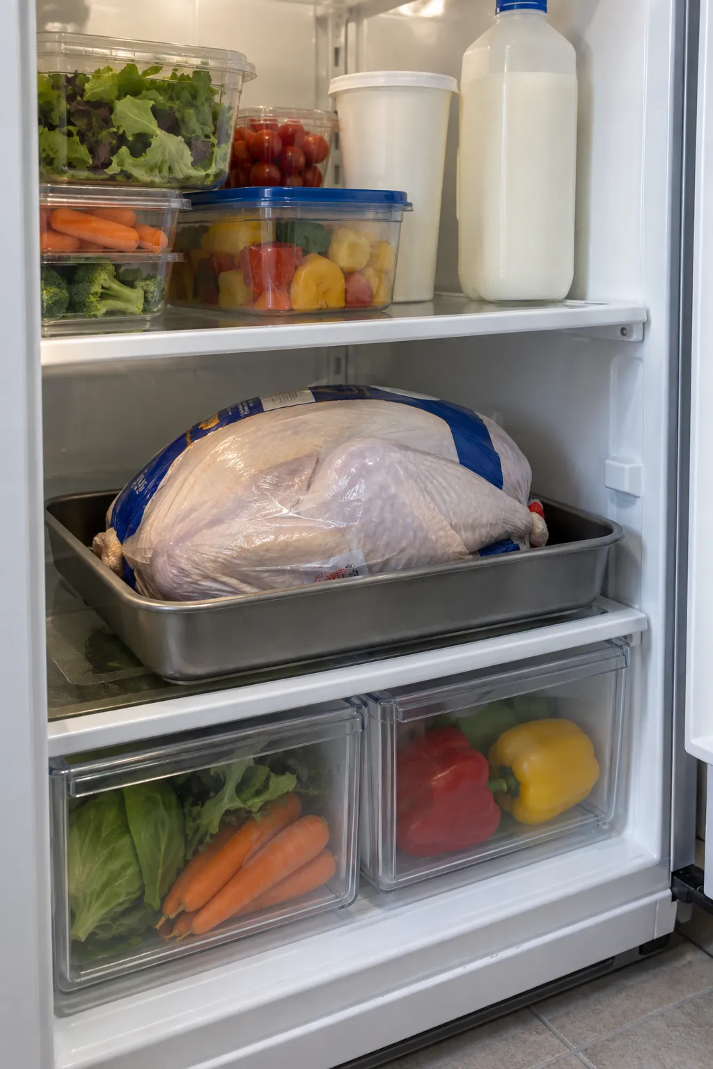 Wrapped turkey on a rimmed tray on the lower shelf of a small refrigerator