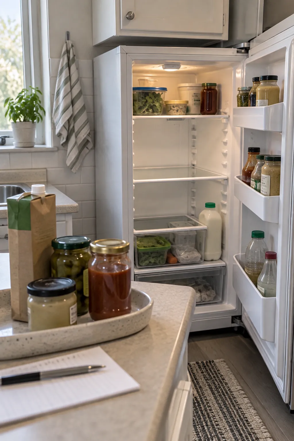Small apartment refrigerator audit with cleared shelf and checked food on a nearby counter