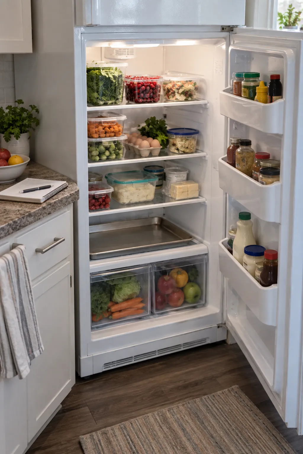 Open small apartment refrigerator organized with room for Thanksgiving food