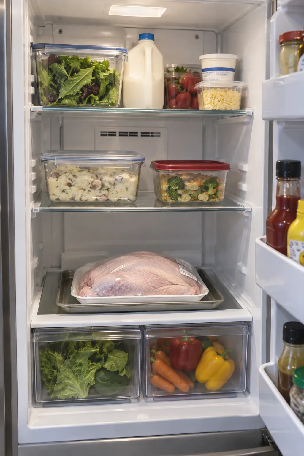 Small refrigerator with raw turkey on a bottom tray and ready to eat food above