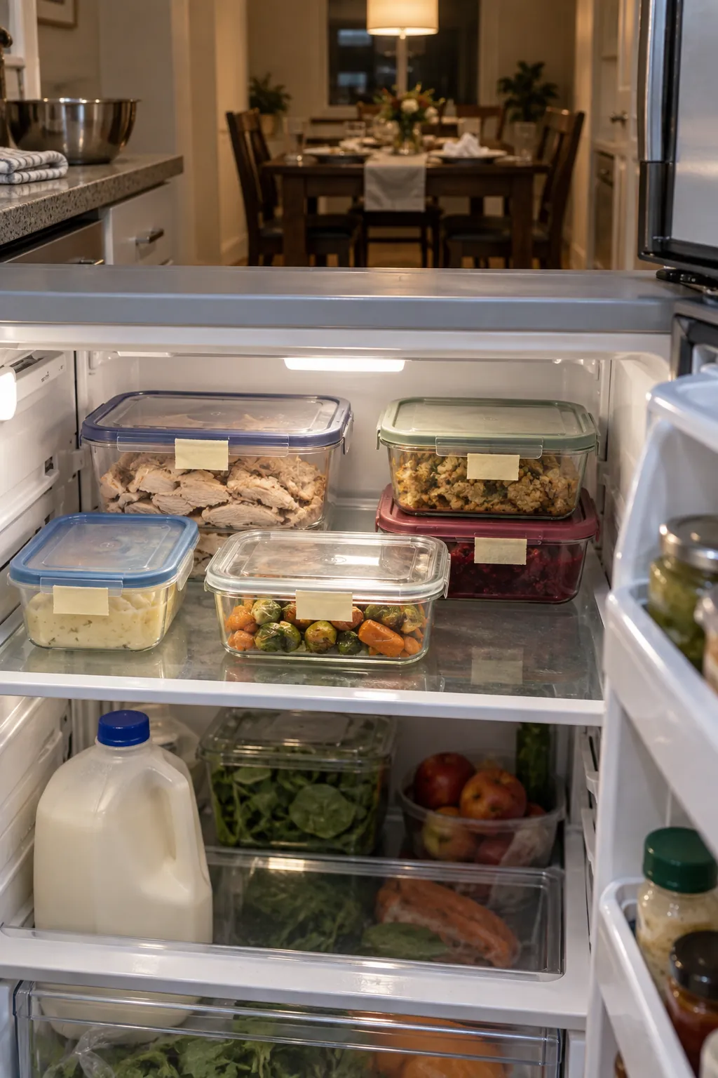 Reserved refrigerator shelf holding shallow labeled Thanksgiving leftover containers