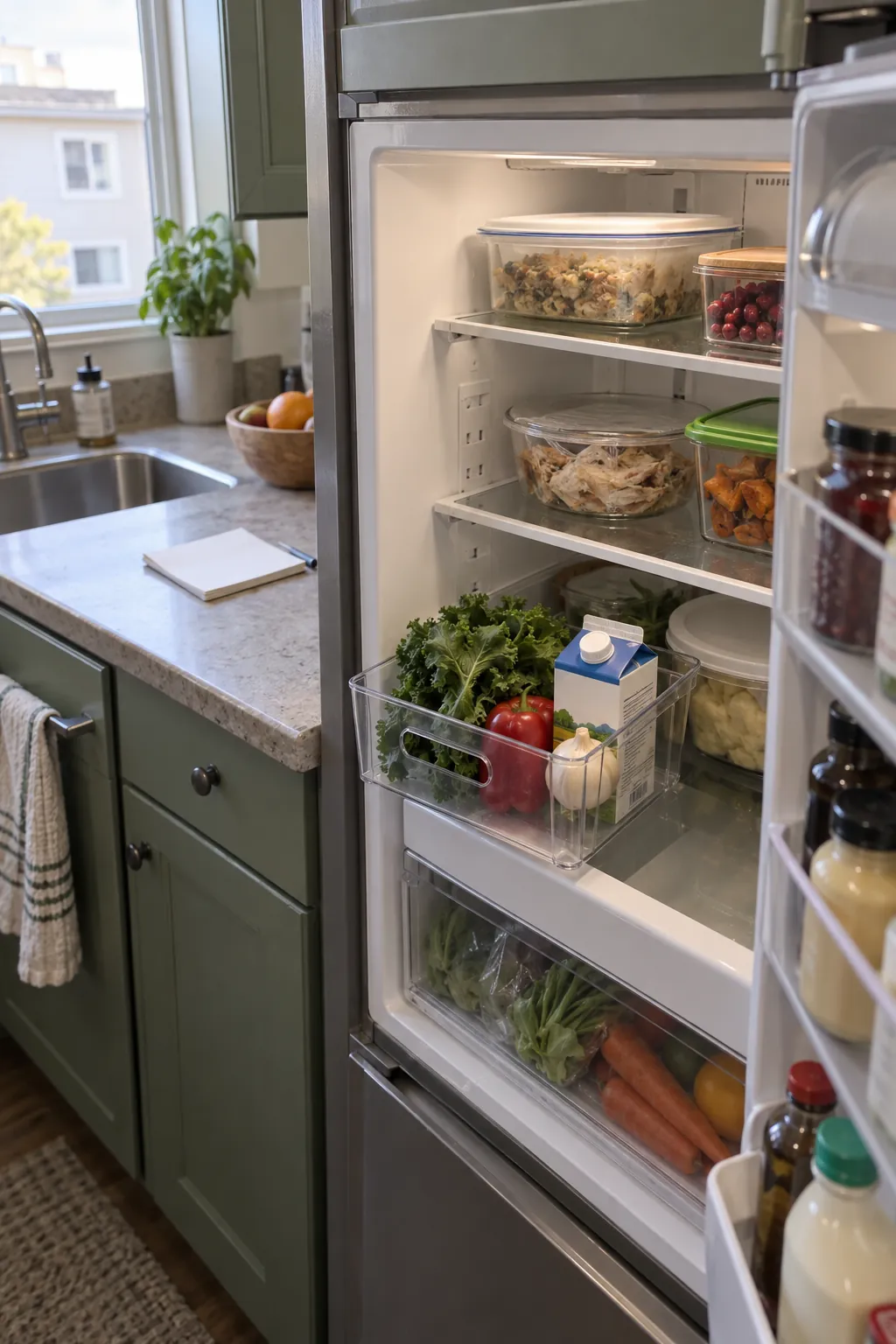 Thanksgiving ingredients grouped by cooking sequence in a compact refrigerator