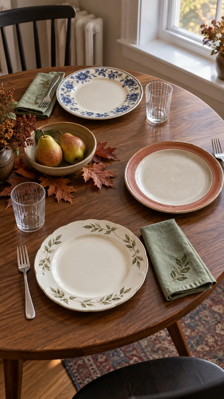 Sage and rust details connecting different Thanksgiving plate patterns
