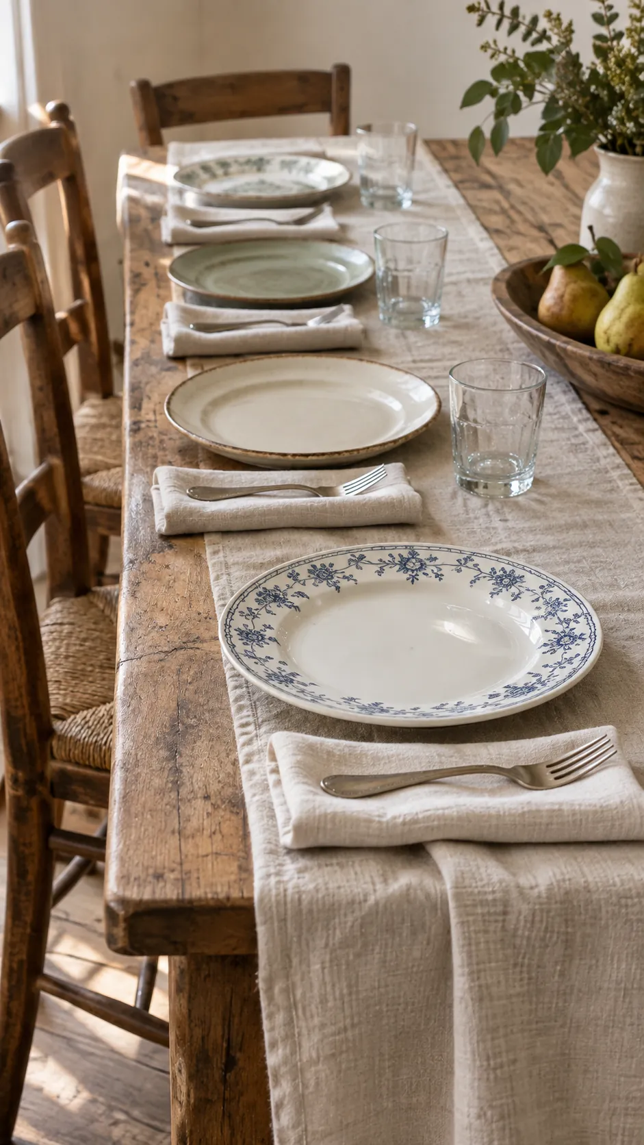 Mixed porcelain plates unified by oatmeal linen and simple Thanksgiving napkins