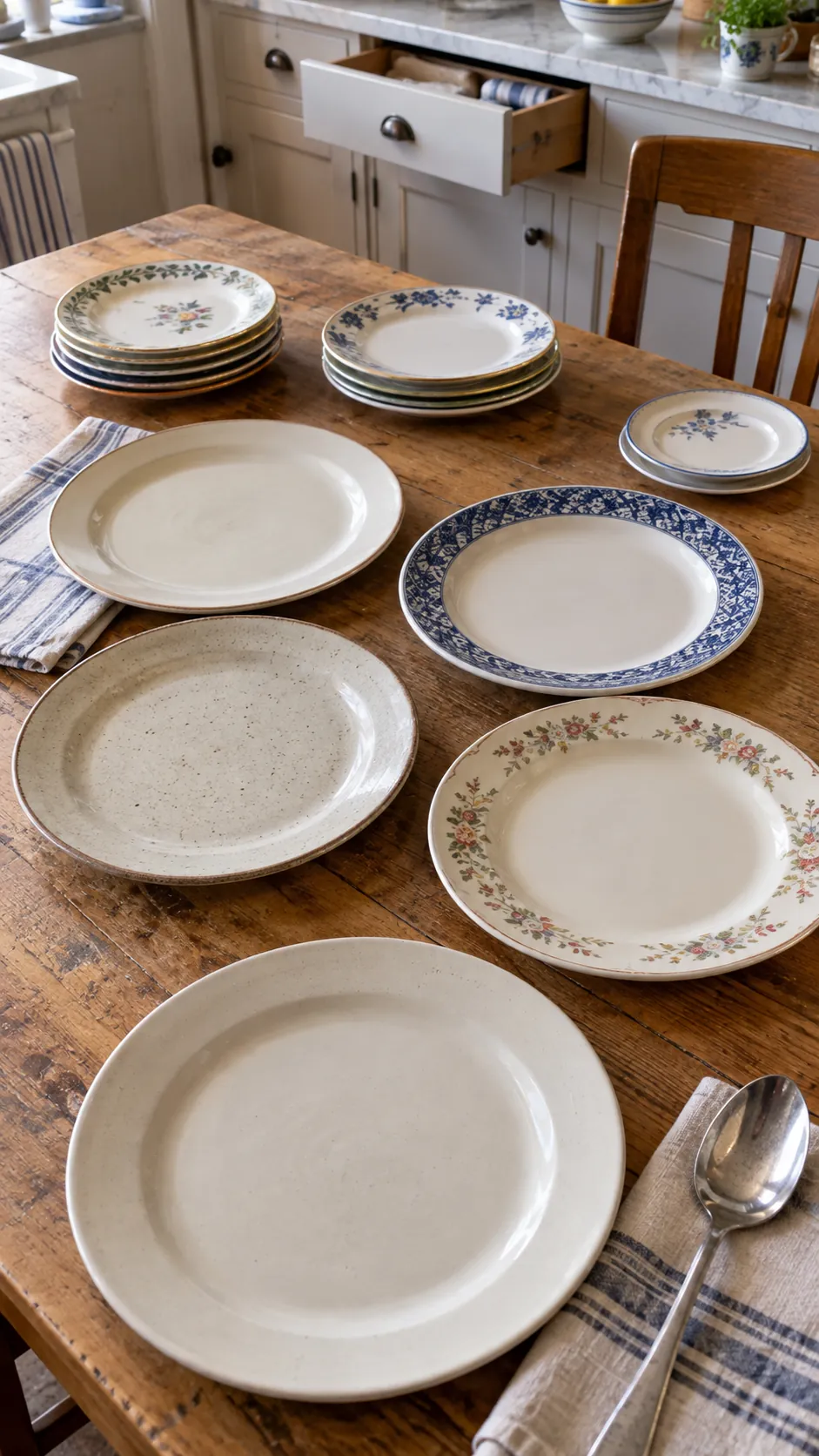 Assorted Thanksgiving dinner plates sorted by size and purpose on a wooden table