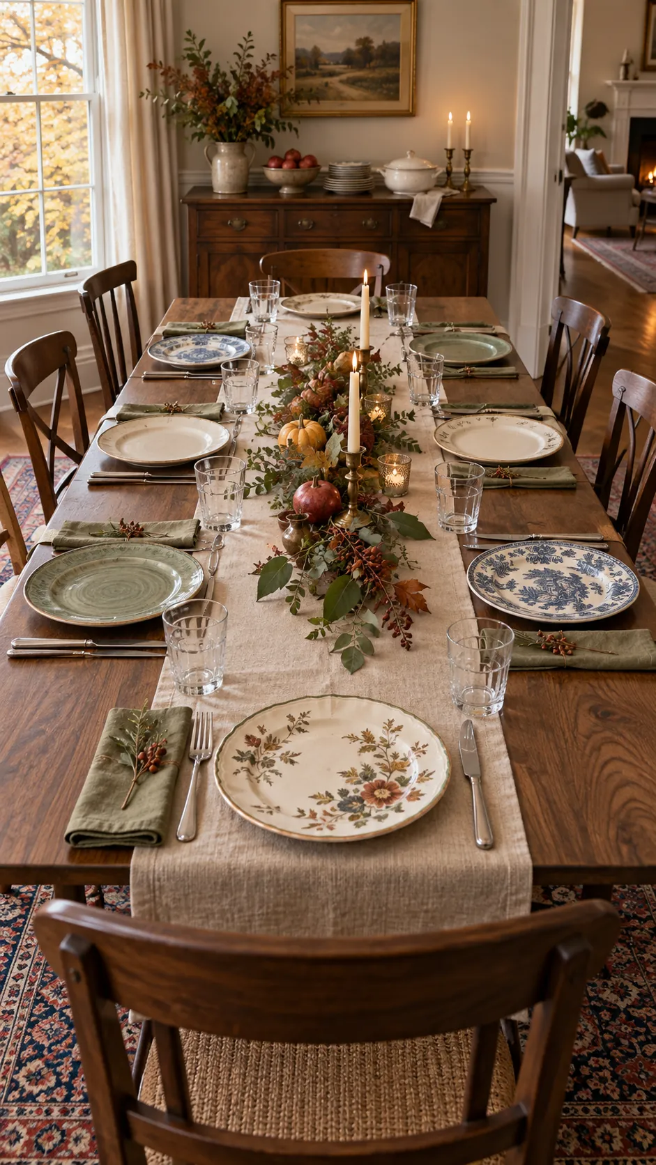 Thanksgiving table set with coordinated linens and varied vintage dinner plates