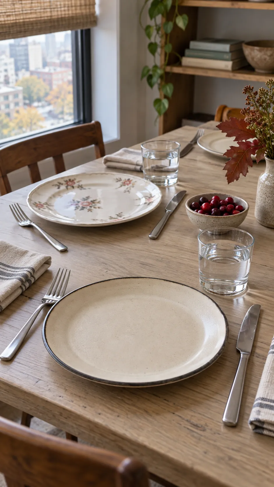 Different dinner plates paired with consistent clear glasses and silver flatware