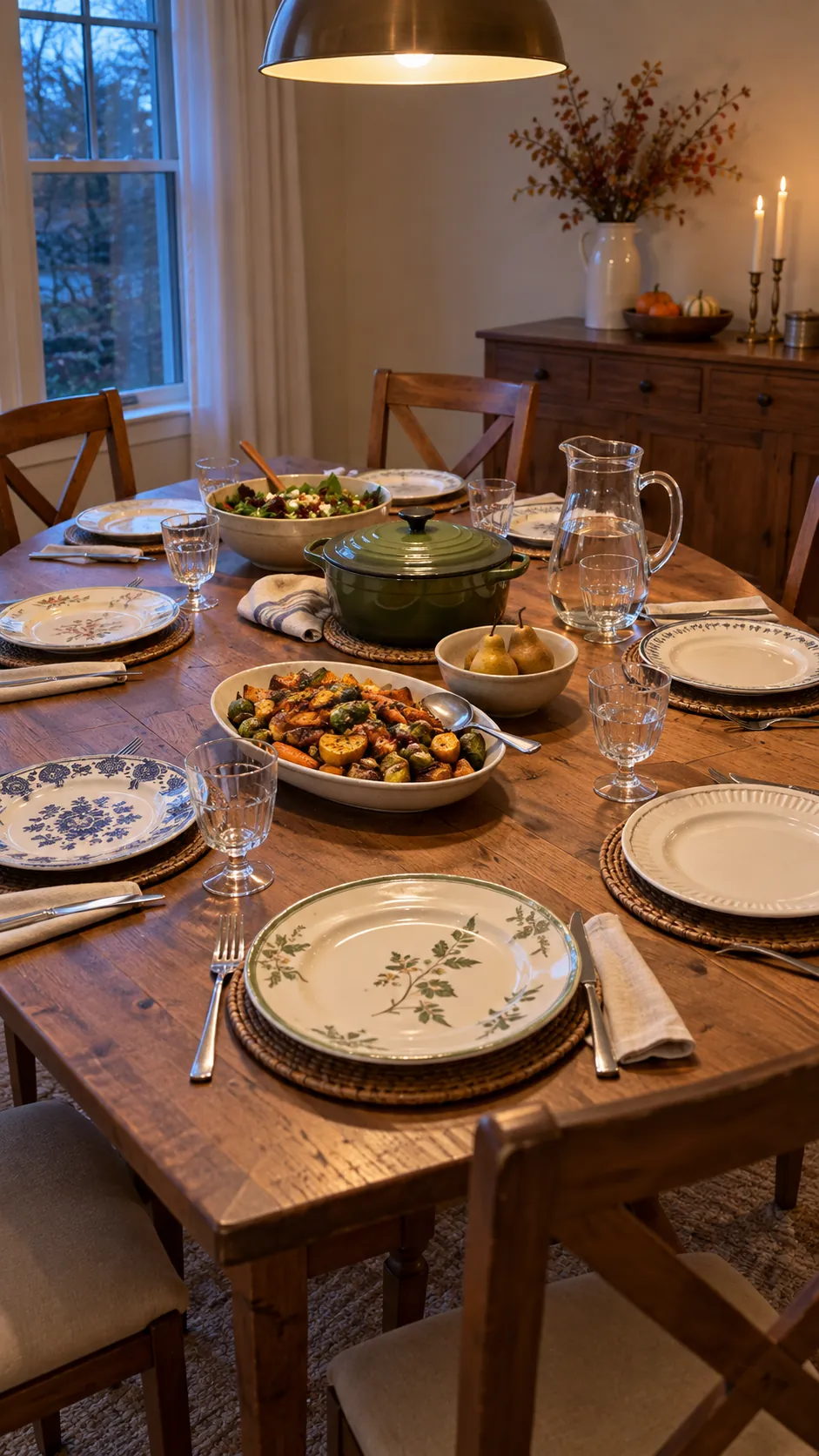 Thanksgiving table tested with serving platters among mixed dinner plates