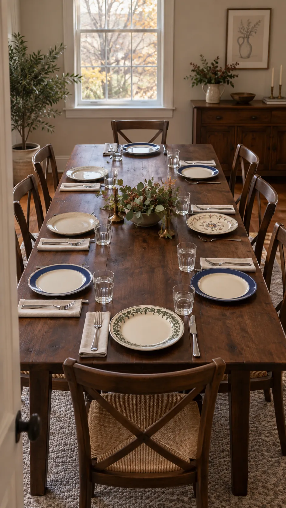 Thanksgiving dining table with mixed plates arranged in a balanced seating rhythm