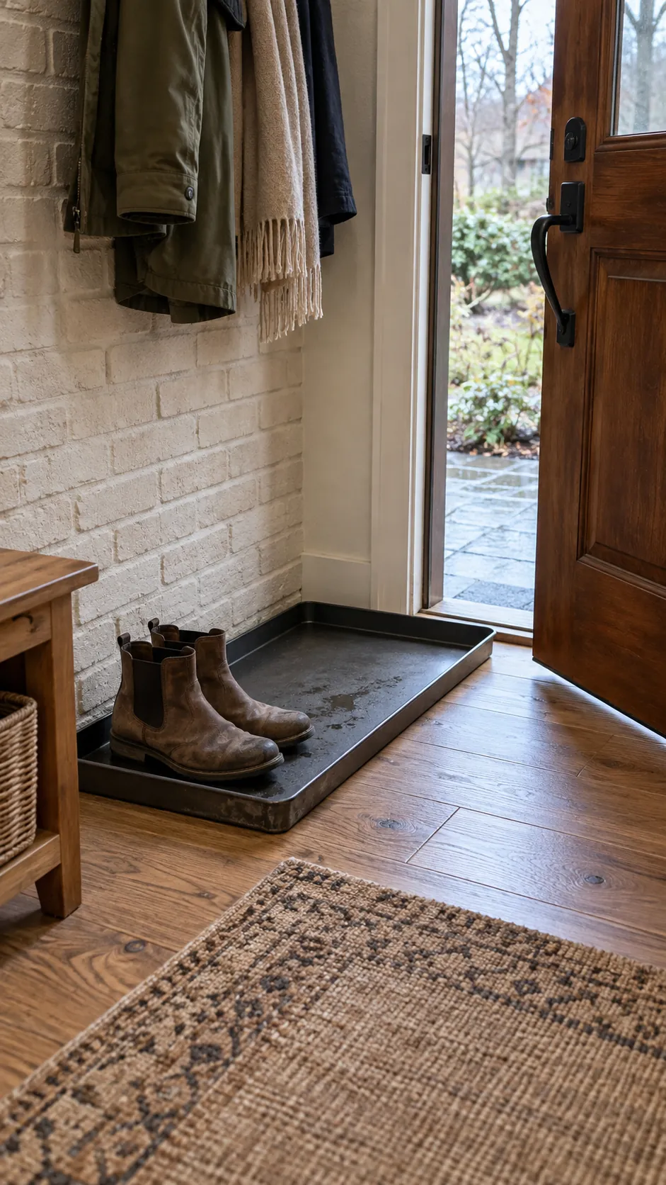 Use a Boot Tray for Wet Footwear in a practical Thanksgiving entryway