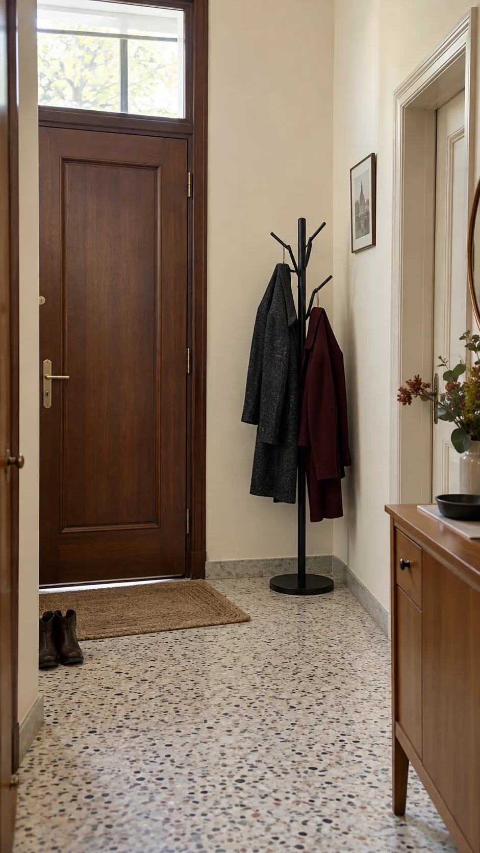 Borrow a Standing Coat Rack in a practical Thanksgiving entryway