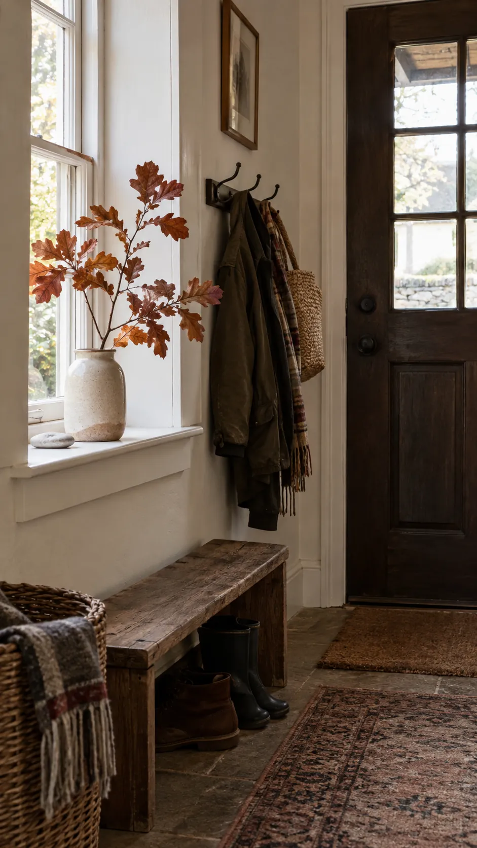 Bring in One Branch of Autumn Leaves in a practical Thanksgiving entryway