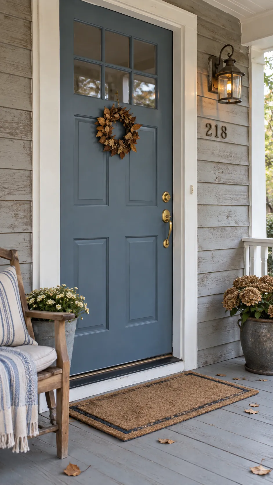 Keep a Wreath Small and Clear of the Handle in a practical Thanksgiving entryway