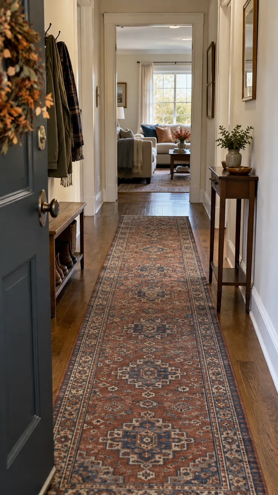 Swap in a Subtle Runner in a practical Thanksgiving entryway