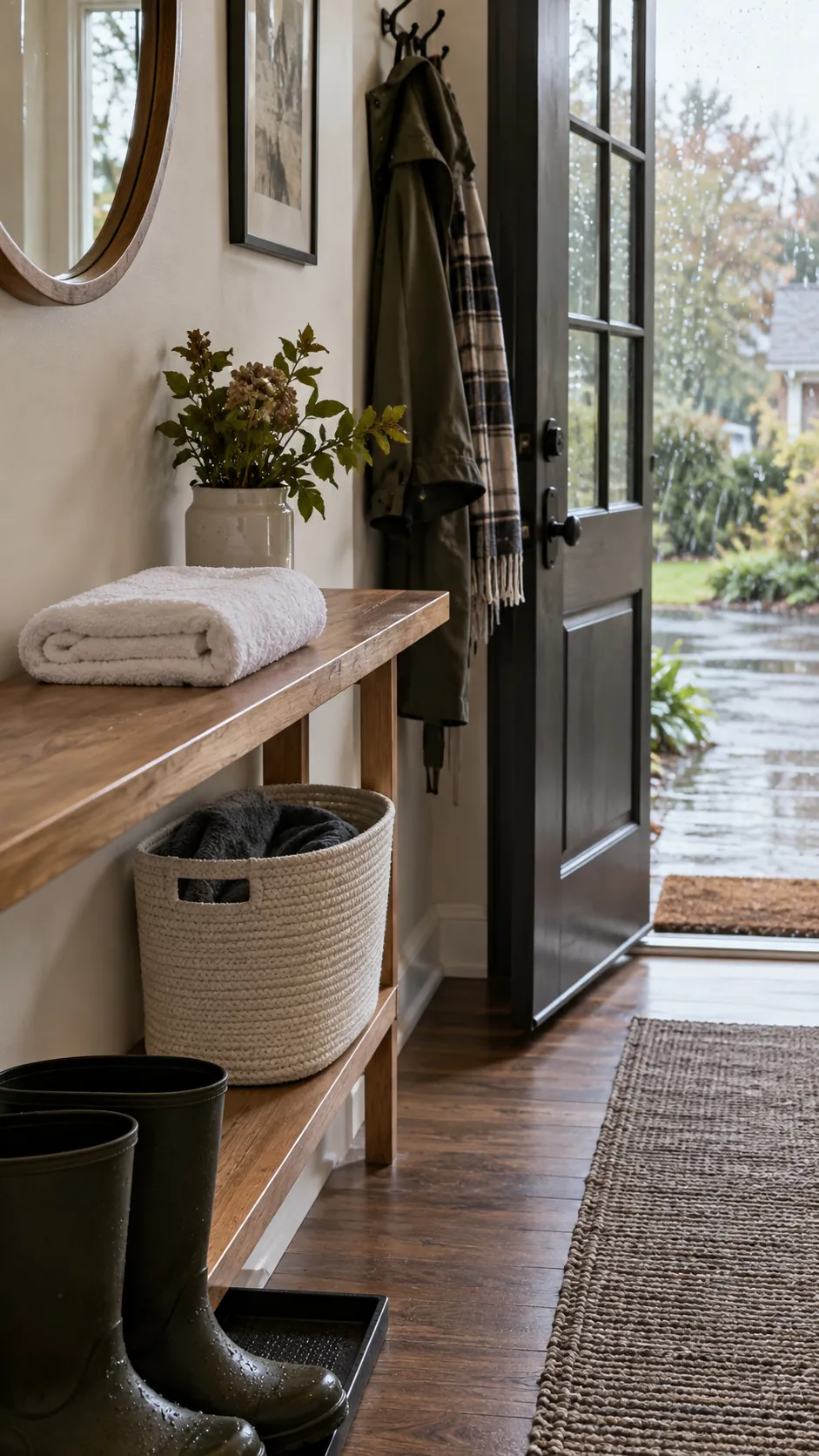 Keep a Dry Towel for Wet Arrivals in a practical Thanksgiving entryway