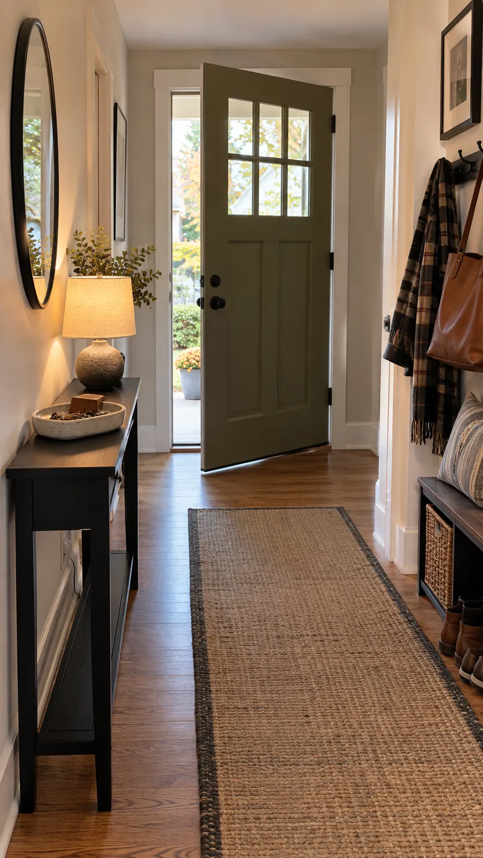 Turn the Console Sideways if It Crowds the Door in a practical Thanksgiving entryway