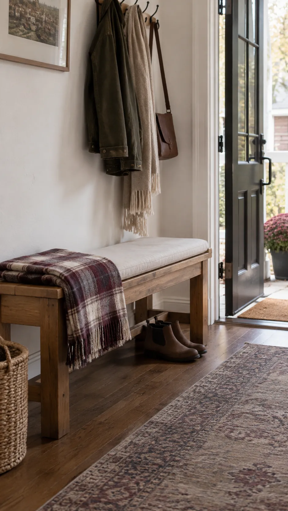 Fold a Throw on the Bench in a practical Thanksgiving entryway