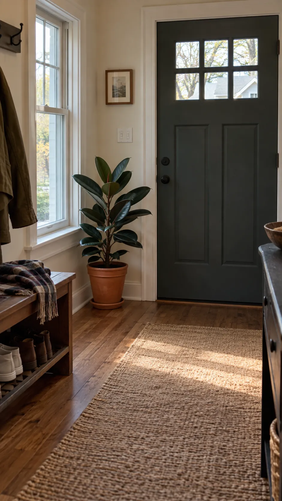 Keep One Living Plant in the Hall in a practical Thanksgiving entryway