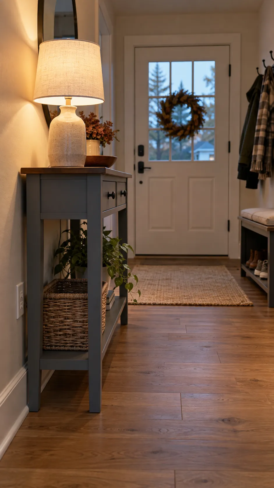 Tuck Away Visible Cords in a practical Thanksgiving entryway